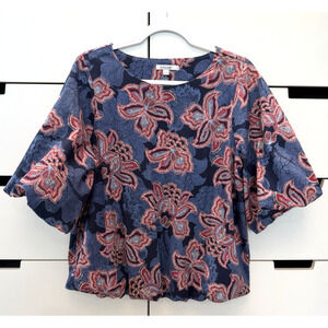 Chicos Floral Bubble Hem Top - Puff Sleeve - Size: 2 (Large) Boho Artsy
